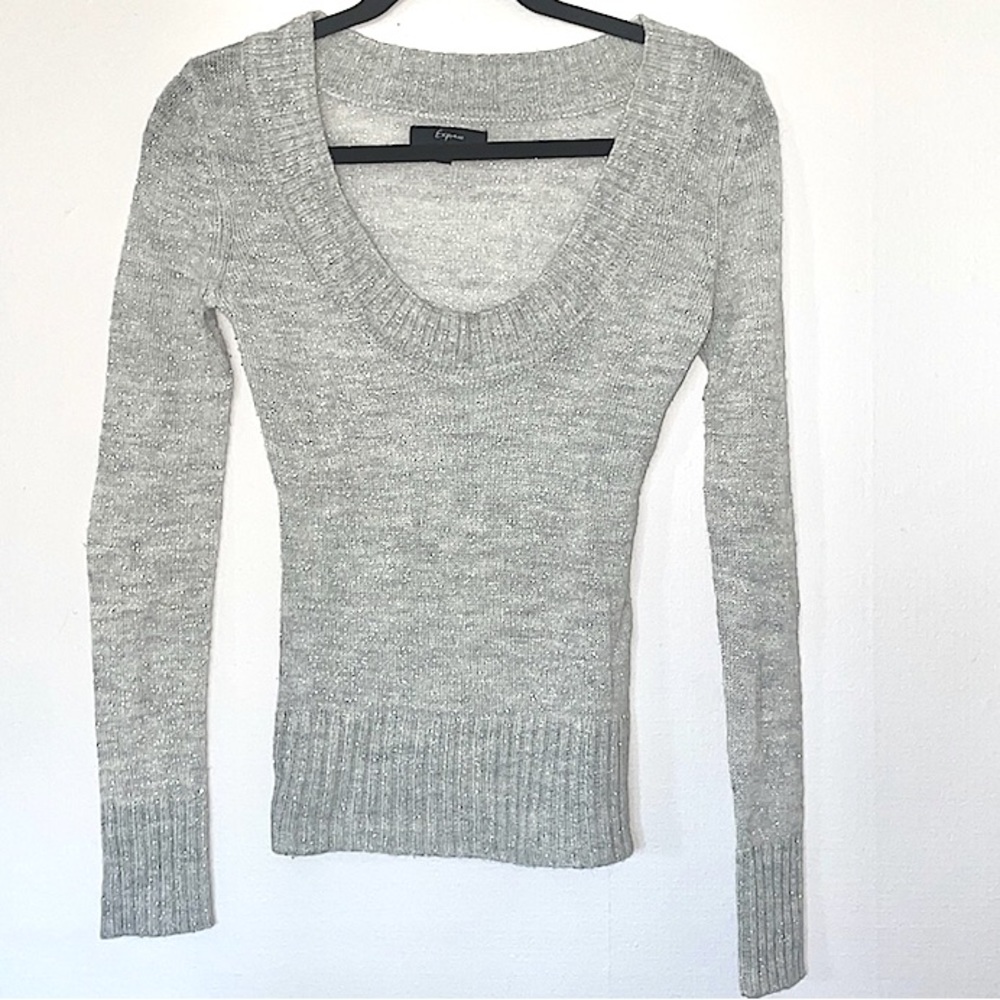 Express Metallic grey, sparkle U neck sweater. Lightweight size XS pre owned